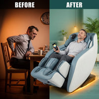 Blue Faux Leather Zero Gravity Recliner 3D Programmable Massage Chair — Before & After