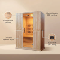 Infrared Home Sauna Room for 2 Persons Sauna Spa Room Hemlock Wood Infrared Sauna Cabin Dry Sauna with Full Spectrum Radiator, LED Light, Bluetooth, MP3, USB (2 Person Sauna Room) — infographic
